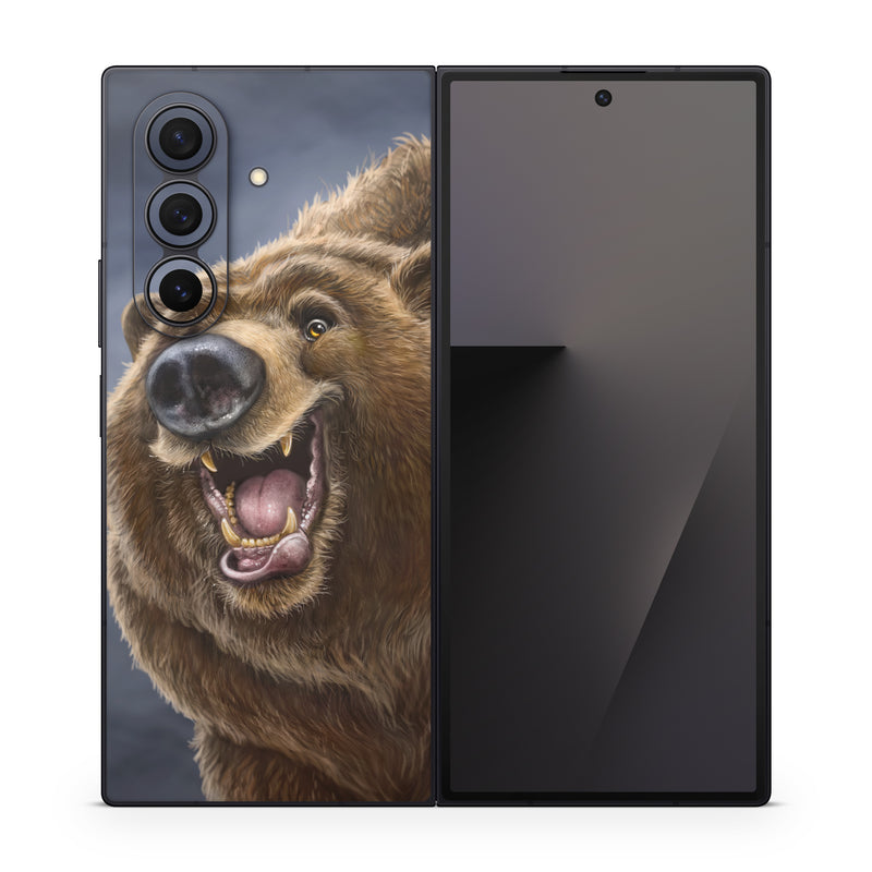 Samsung Galaxy Z Fold7 Skin design of Brown bear, Kodiak bear, Carnivore, Grizzly bear, Terrestrial animal, Snout, Bear, Whiskers, Fur, Fang, with brown, black, white, pink, gray colors