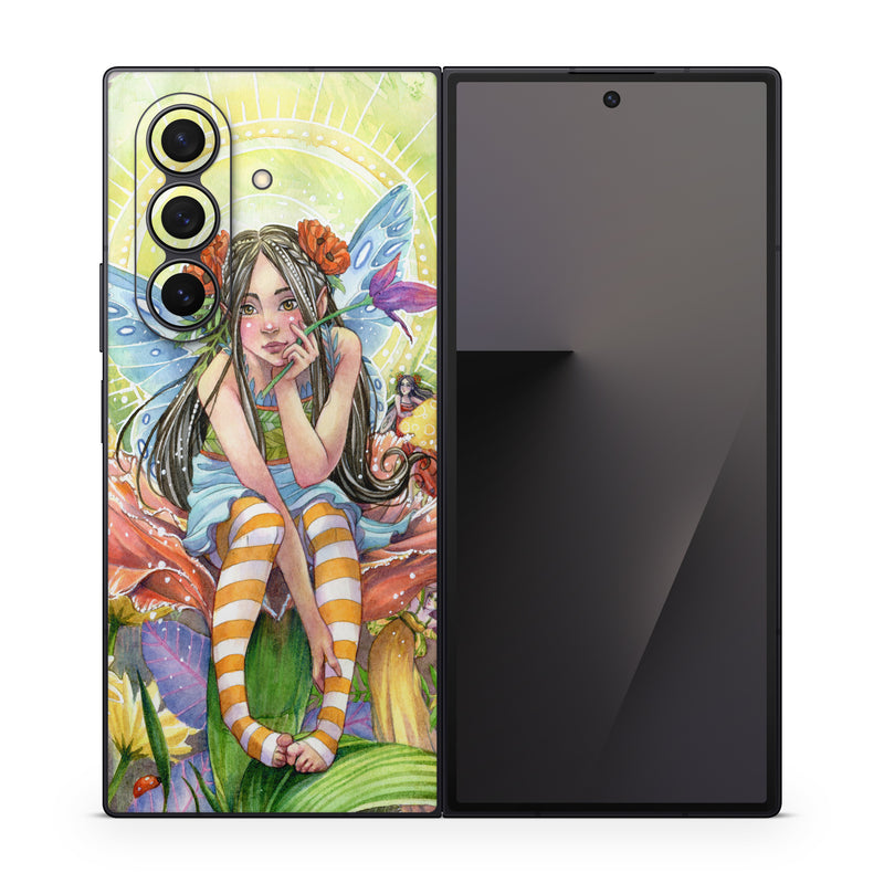 Samsung Galaxy Z Fold7 Skin design of Fictional character, Illustration, Art, Plant, Painting, Wildflower, Mythical creature, with gray, green, black, yellow, red colors