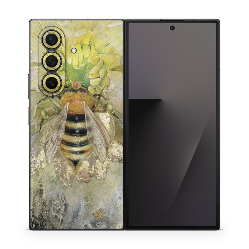 Samsung Galaxy Z Fold7 Skin design of Honeybee, Insect, Bee, Membrane-winged insect, Invertebrate, Pest, Watercolor paint, Pollinator, Illustration, Organism, with yellow, orange, black, green, gray, pink colors