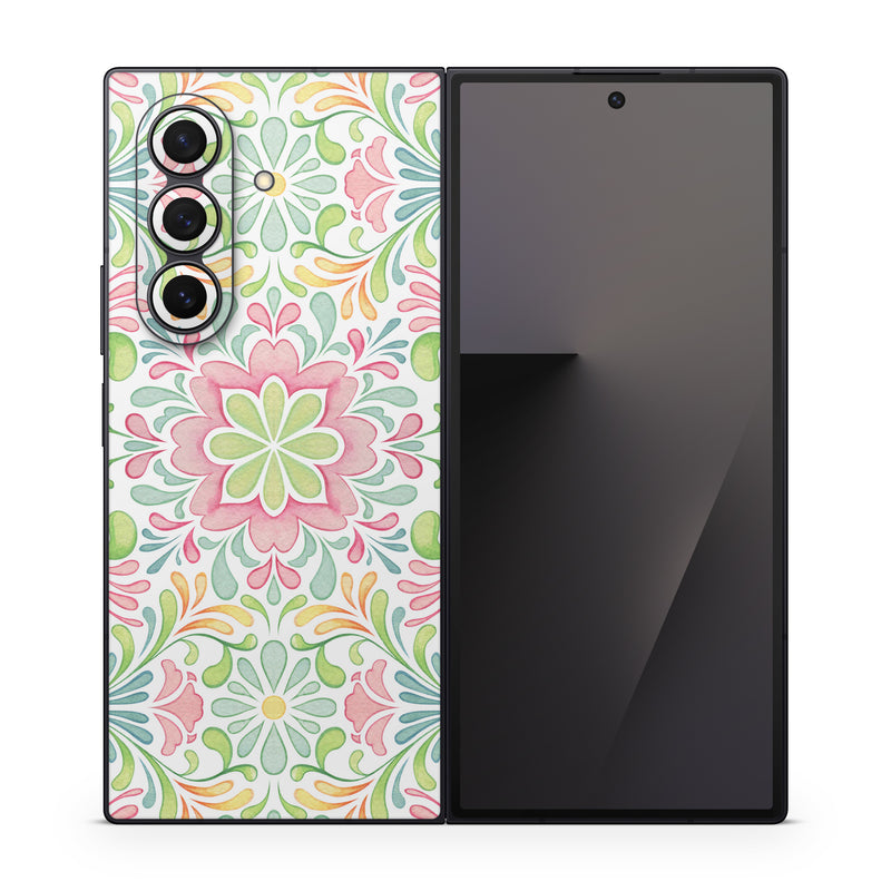 Samsung Galaxy Z Fold7 Skin design of Pattern, Pink, Visual arts, Design, Textile, Wrapping paper, Symmetry, Floral design, Motif, with gray, white, pink, green colors