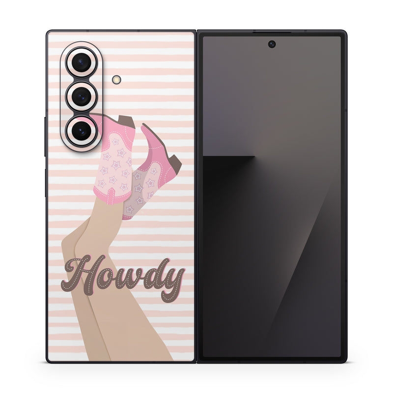 Samsung Galaxy Z Fold7 Skin design of Hand, Glove, Sleeve, Gesture, Font, Finger, Pink, Material property, Waist, Thumb, with pink, white, brown colors