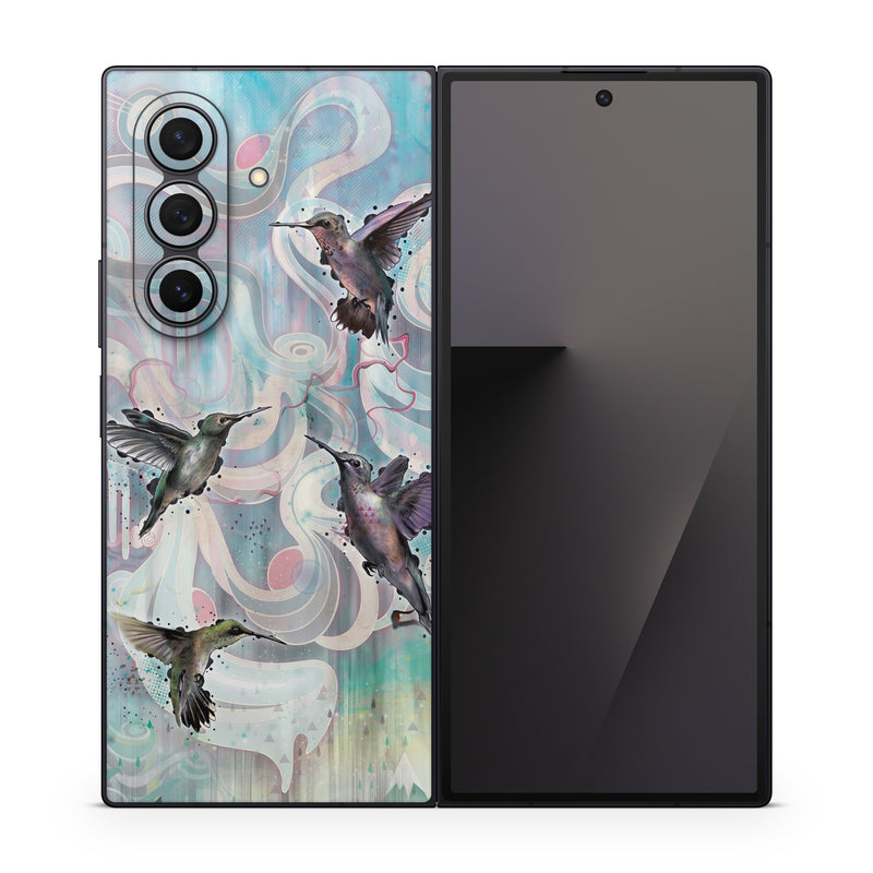 Samsung Galaxy Z Fold7 Skin design of Bird, Watercolor paint, Illustration, Hummingbird, Painting, Art, Wing, Fictional character, Acrylic paint, Perching bird, with gray, blue, black colors