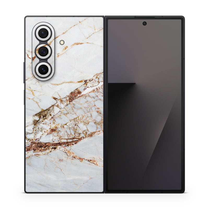 Samsung Galaxy Z Fold7 Skin design of White, Branch, Twig, Beige, Marble, Plant, Tile, with white, gray, yellow colors