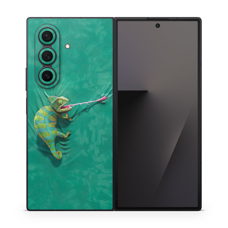 Samsung Galaxy Z Fold7 Skin design of Green, Fish, Tail, Chameleon, with blue, black, green, gray colors
