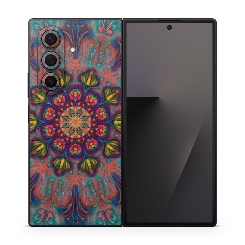 Samsung Galaxy Z Fold7 Skin design of Psychedelic art, Pattern, Art, Textile, Symmetry, Visual arts, Design, Fractal art, Kaleidoscope, Tapestry, with blue, yellow, red, green, pink, green colors