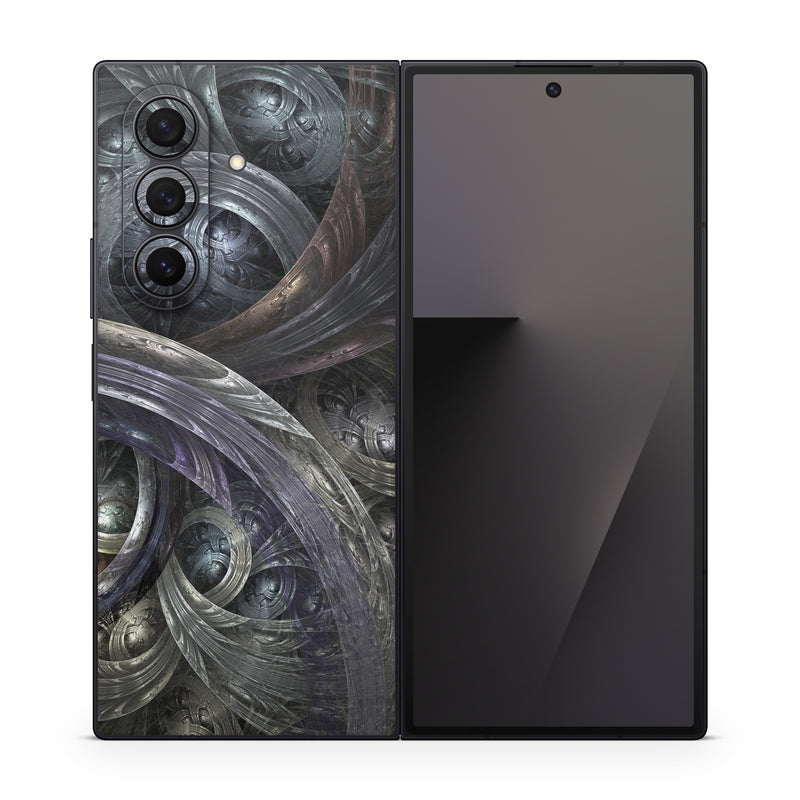 Samsung Galaxy Z Fold7 Skin design of Fractal art, Graphic design, Art, Cg artwork, Darkness, Circle, Pattern, Illustration, Graphics, Metal, with black, gray, blue colors