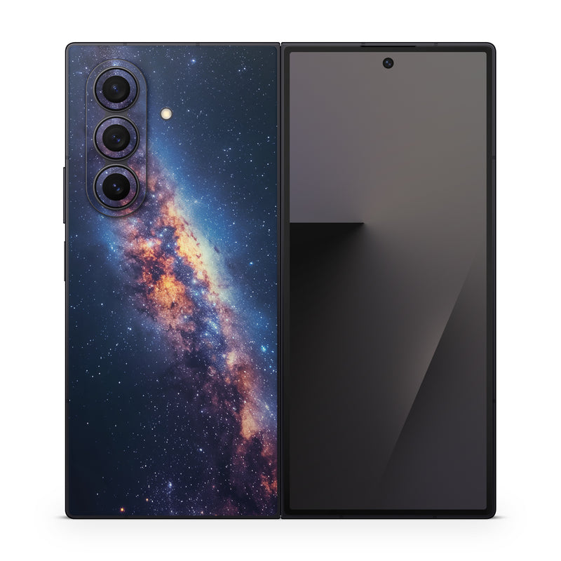 Samsung Galaxy Z Fold7 Skin design of Atmosphere, Sky, Nature, World, Nebula, Galaxy, Astronomical object, Atmospheric phenomenon, Milky way, Star, with black, blue, white, yellow, orange, red, purple, gray colors