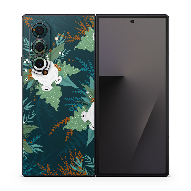 Samsung Galaxy Z Fold7 Skin design of Pattern, Branch, Tree, Illustration, Design, Plant, Textile, Art, Visual arts, Space, with green, white, red, blue colors