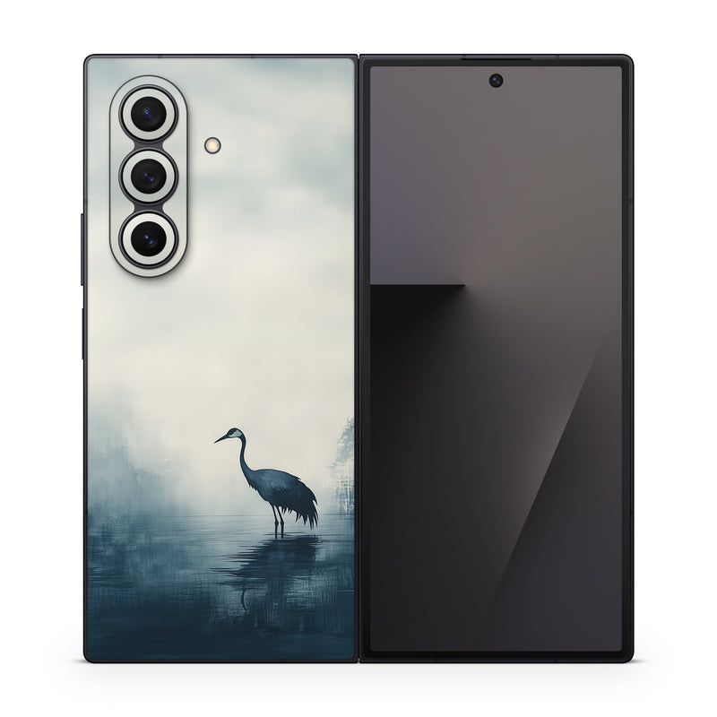 Samsung Galaxy Z Fold7 Skin design of Bird, Water, Beak, Feather, Natural landscape, Pelecaniformes, Sky, Wing, Water bird, Heron, with black, blue, white, gray colors