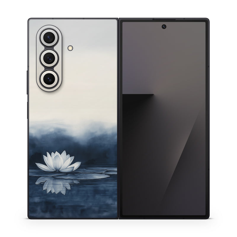 Samsung Galaxy Z Fold7 Skin design of Water, Flower, Plant, Liquid, Lotus, Sky, Nature, Petal, Fluid, Sacred lotus, with black, blue, white, gray colors