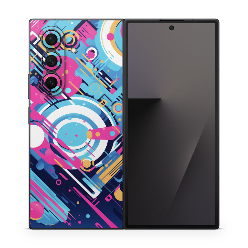 Samsung Galaxy Z Fold7 Skin design of Colorfulness, Font, Line, Material property, Art, Magenta, Pattern, Electric blue, Circle, Graphics, with blue, pink, black, white, orange colors