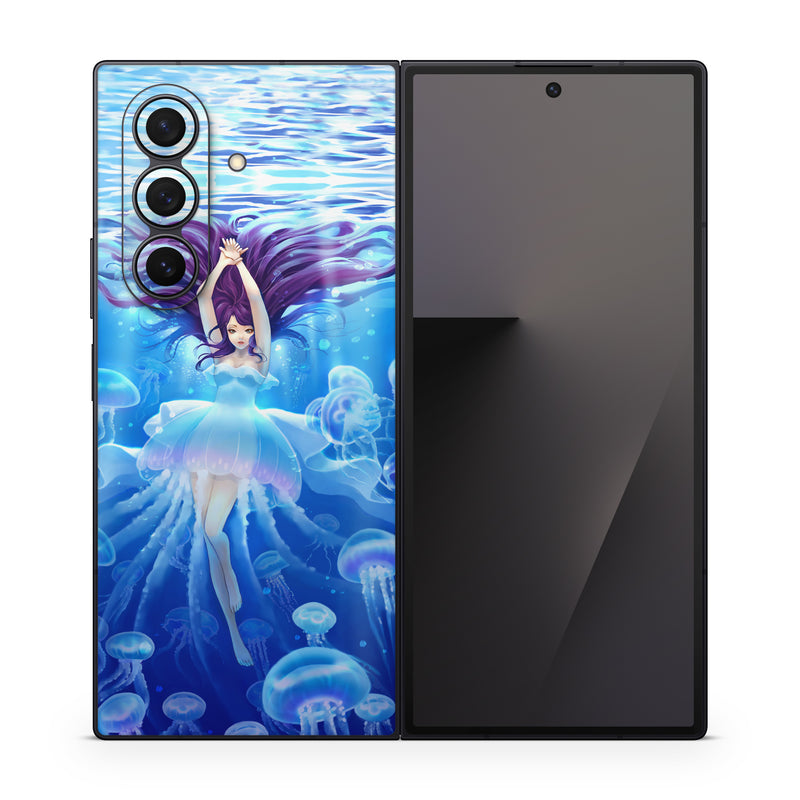 Samsung Galaxy Z Fold7 Skin design of Jellyfish, Cnidaria, Organism, Marine biology, Marine invertebrates, Water, Bioluminescence, Illustration, Electric blue, Fictional character, with blue, purple, gray colors