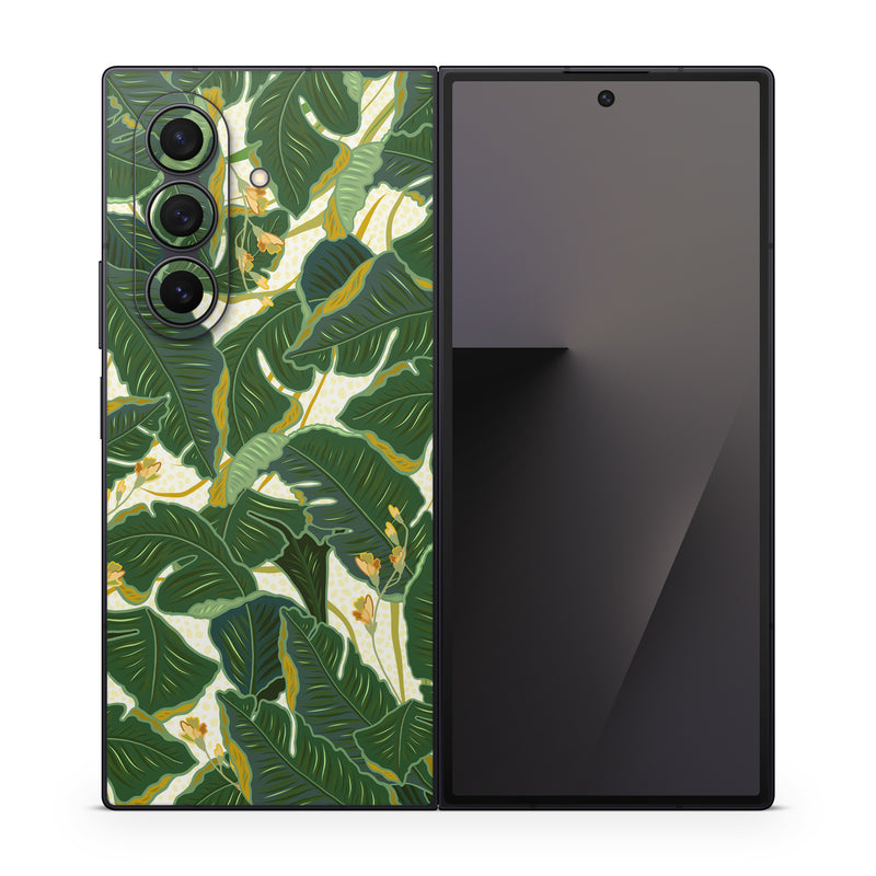 Samsung Galaxy Z Fold7 Skin design of Leaf, Plant, Flower, Pattern, Botany, Tree, Design, Flowering plant, Arrowroot family, Terrestrial plant, with green, yellow colors