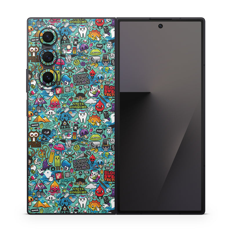 Samsung Galaxy Z Fold7 Skin design of Cartoon, Art, Pattern, Design, Illustration, Visual arts, Doodle, Psychedelic art, with black, blue, gray, red, green colors