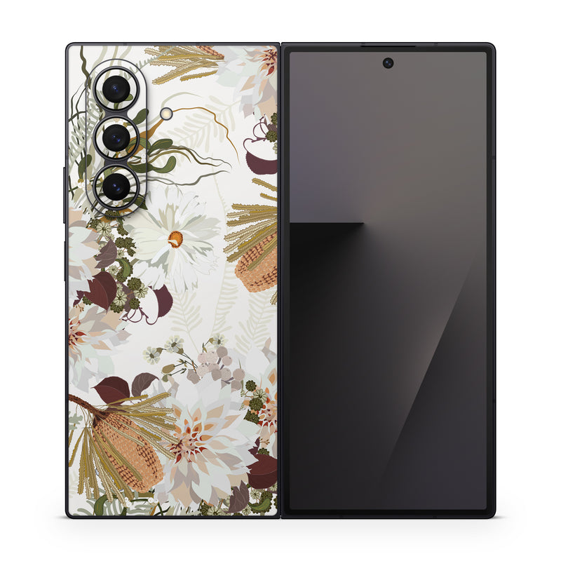 Samsung Galaxy Z Fold7 Skin design of Flower, Botany, Plant, Floral design, Wildflower, Pattern, Wallpaper, Textile, Petal, Butterfly, with white, brown, green, gray colors