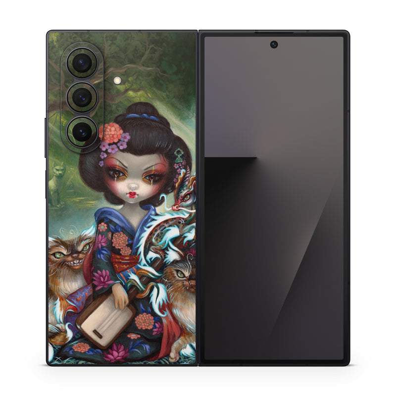 Samsung Galaxy Z Fold7 Skin design of Cat, Felidae, Whiskers, Illustration, Art, Small to medium-sized cats, Doll, Kitten, Norwegian forest cat, Fawn, with black, white, red, brown, blue, green, pink, purple colors