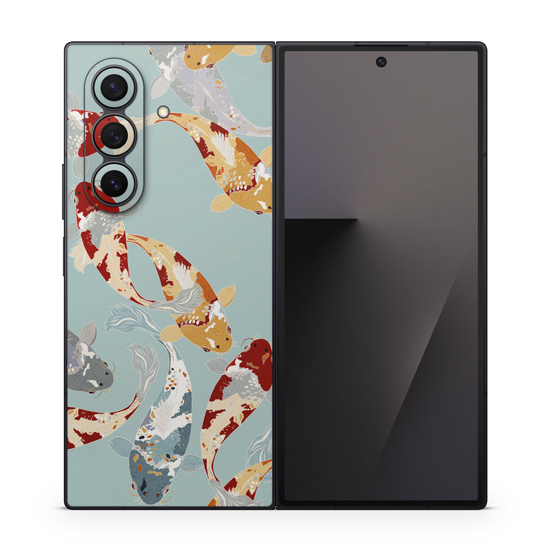 Samsung Galaxy Z Fold7 Skin design of Ecoregion, World, Organism, Line, Font, Art, Pattern, Electric blue, Graphics, Illustration, with blue, white, red, orange, yellow, gray colors
