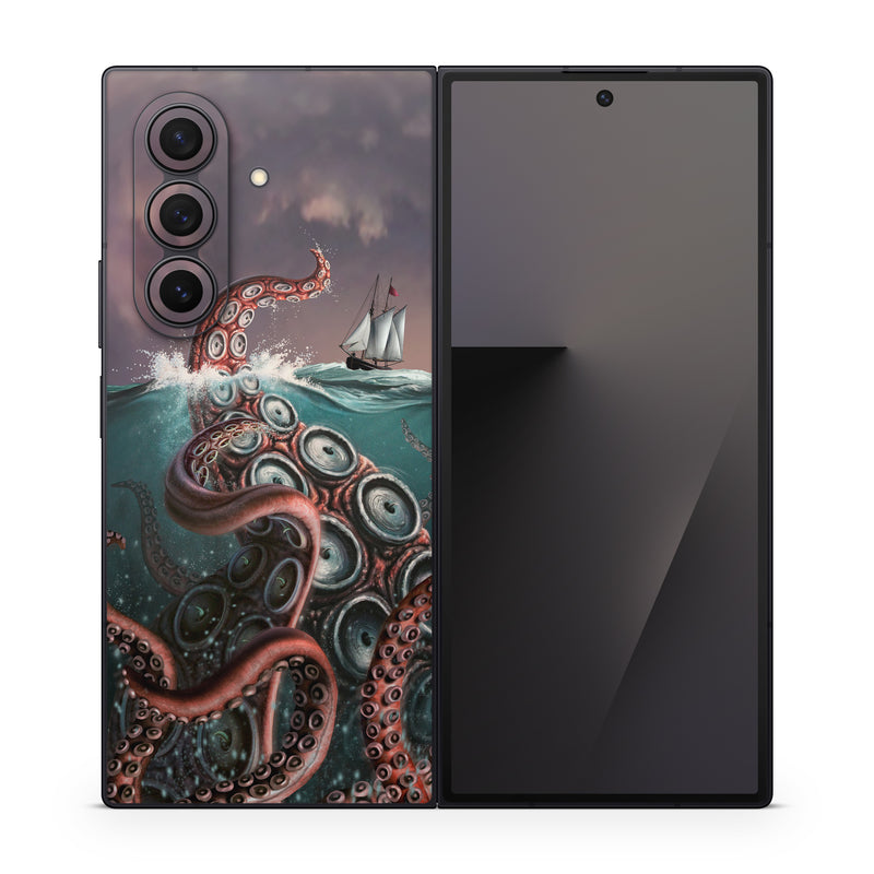 Samsung Galaxy Z Fold7 Skin design of Octopus, Water, Illustration, Wind wave, Sky, Graphic design, Organism, Cephalopod, Cg artwork, giant pacific octopus, with blue, gray, white, brown, red colors