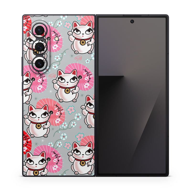 Samsung Galaxy Z Fold7 Skin design of Pink, Red, Cartoon, Design, Line, Textile, Pattern, Illustration, Smile, Fictional character, with white, red, pink, gray, blue, black colors
