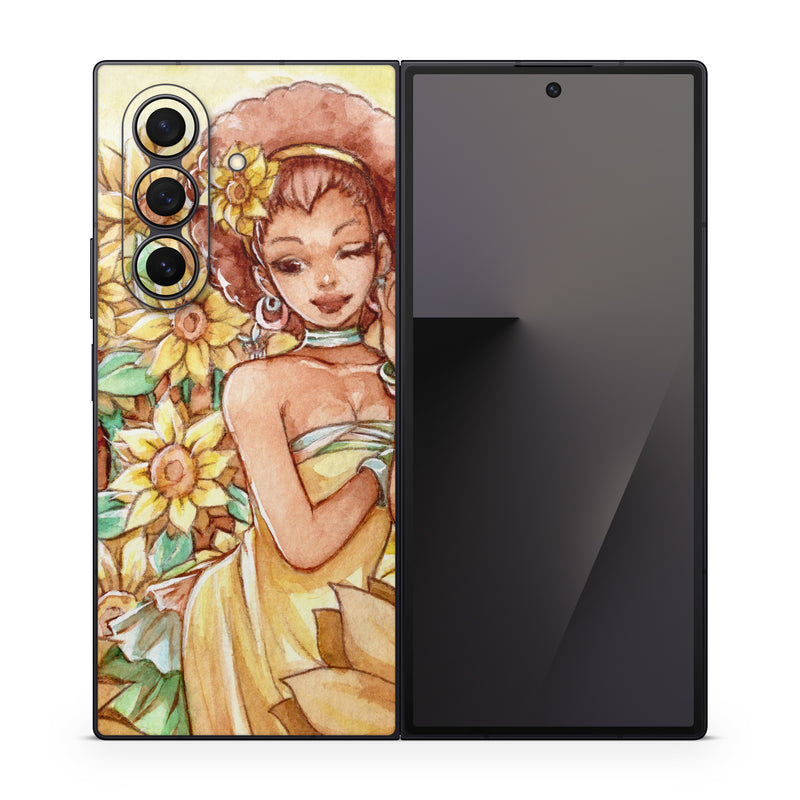 Samsung Galaxy Z Fold7 Skin design of Painting, Illustration, Art, Fictional character, Plant, Flower, Clip art, with yellow, orange, brown, green colors