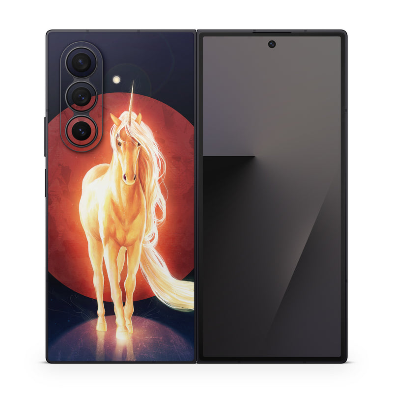 Samsung Galaxy Z Fold7 Skin design of Hair, Horse, Human body, Jaw, Art, Entertainment, Heat, Neon, Flame, Tail, with black, red, orange, yellow, white, purple colors