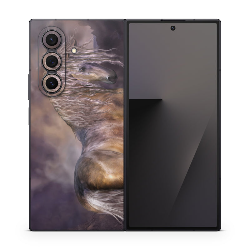 Samsung Galaxy Z Fold7 Skin design of Horse, Mane, Stallion, Mustang horse, Fictional character, Mare, Painting, Wildlife, Mythical creature, with black, gray, red, blue, green colors
