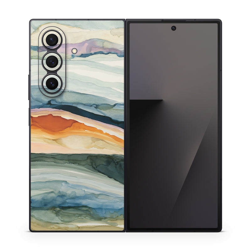 Samsung Galaxy Z Fold7 Skin design of Watercolor paint, Painting, Sky, Wave, Geology, Landscape, Pattern, Acrylic paint, Cloud, Paint, with blue, purple, orange, yellow, red, green, brown colors