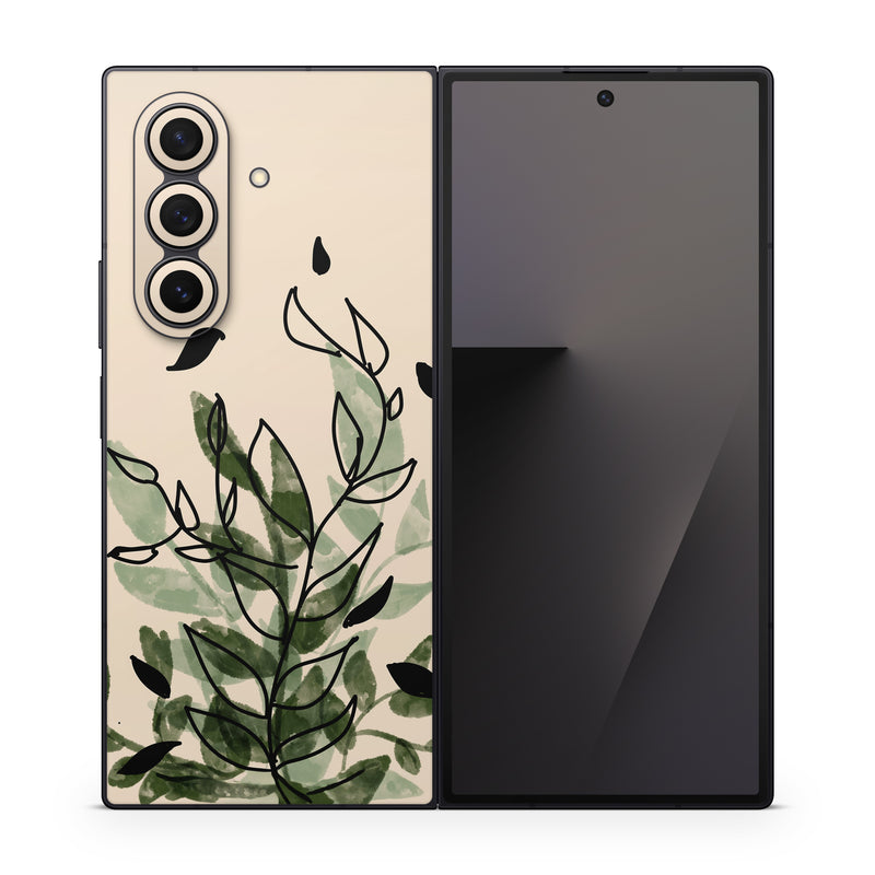Samsung Galaxy Z Fold7 Skin design of Leaf, Plant, Botany, Branch, Flower, Plant Stem, Pedicel, Twig, Illustration, with green, black, brown colors