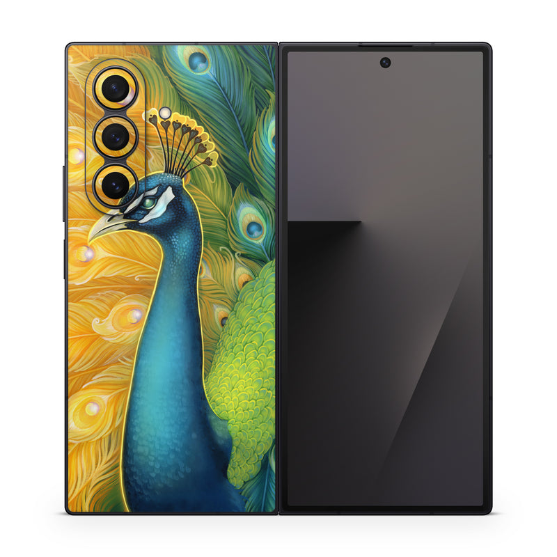 Samsung Galaxy Z Fold7 Skin design of Bird, Peafowl, Phasianidae, Beak, Organism, Art paint, Galliformes, Art, Feather, Painting, with yellow, orange, green, blue, white, black colors