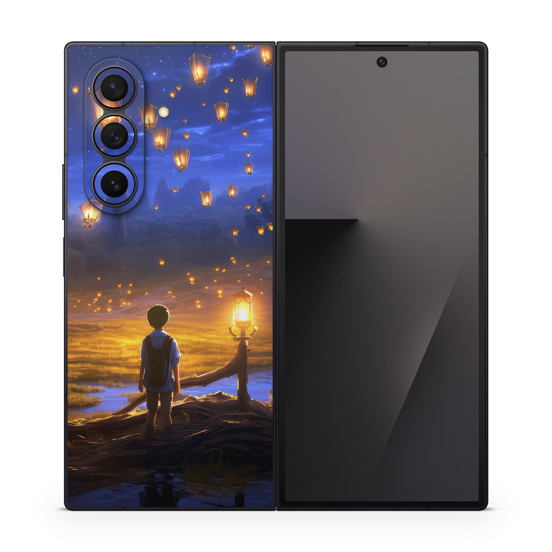 Samsung Galaxy Z Fold7 Skin design of Cloud, World, Nature, Sky, People in nature, Happy, Flash photography, Natural landscape, Horizon, Heat, with black, blue, orange, yellow, gray, purple, orange, green colors