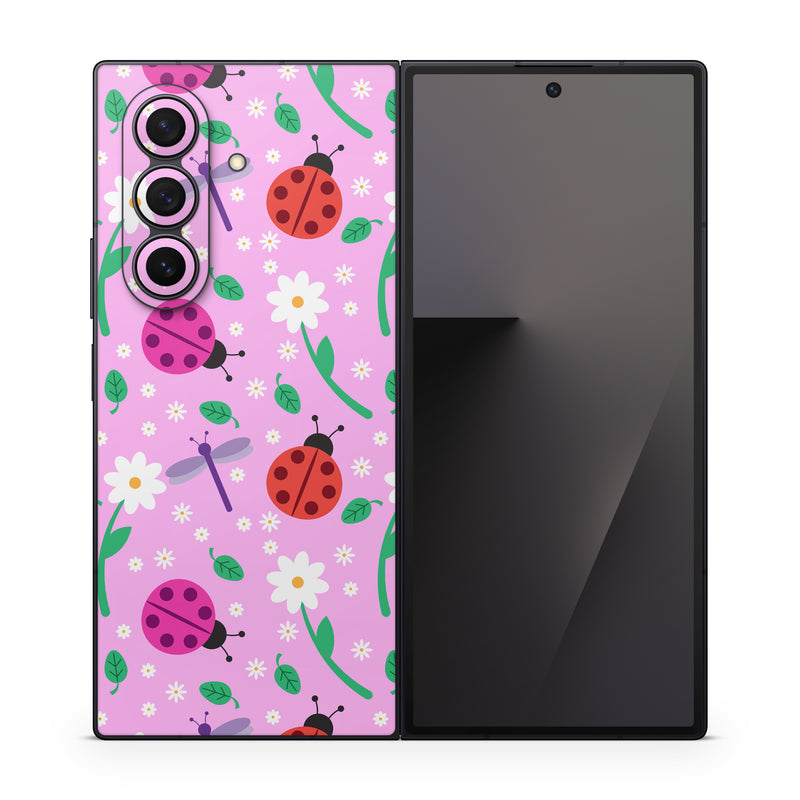 Samsung Galaxy Z Fold7 Skin design of Pink, Pattern, Design, Magenta, Clip art, Plant, Visual arts, Ladybug, Child art, Illustration, with pink, white, purple, gray, red, blue colors