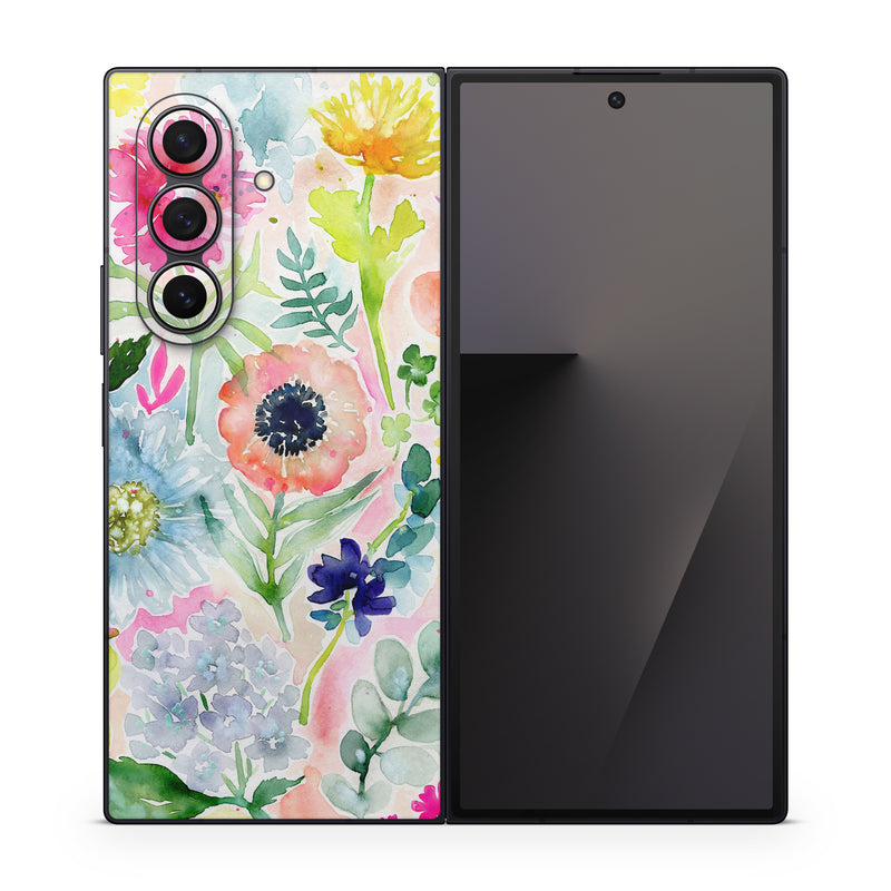 Samsung Galaxy Z Fold7 Skin design of Flower, Watercolor paint, Plant, Flowering plant, Pattern, Floral design, Botany, Petal, Wildflower, Design, with green, pink, yellow, orange, blue, red, purple colors