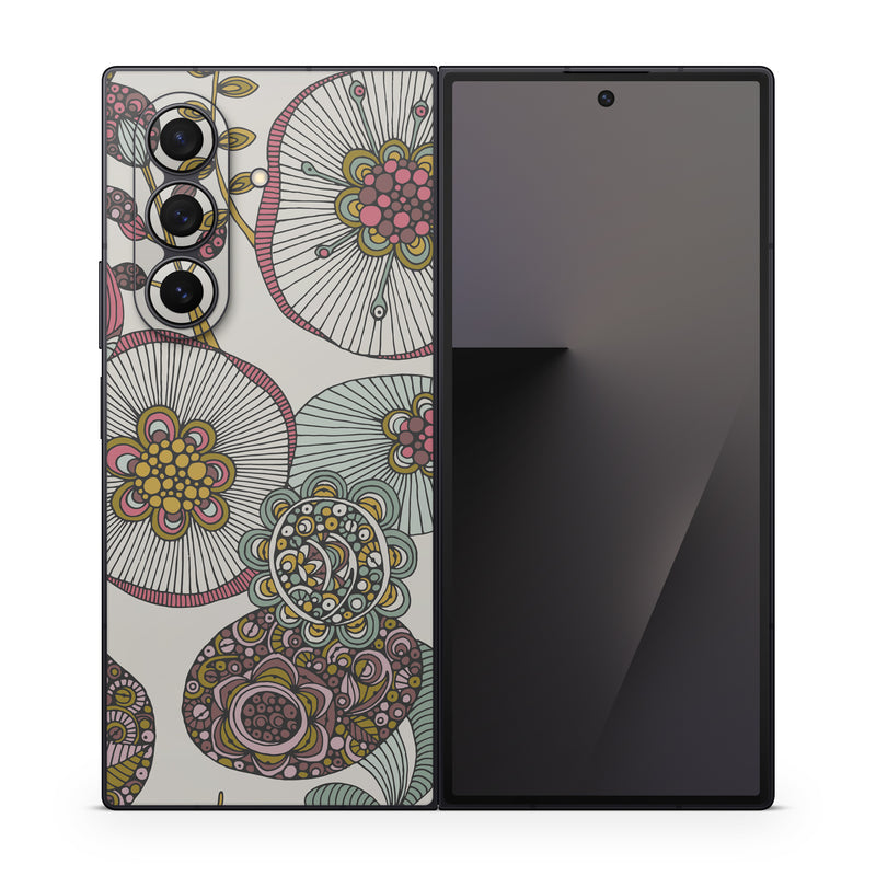 Samsung Galaxy Z Fold7 Skin design of Pattern, Textile, Botany, Visual arts, Motif, Design, Needlework, Circle, Floral design, with gray, pink, green, blue, purple colors