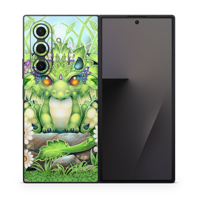 Samsung Galaxy Z Fold7 Skin design of Plant, Green, Leaf, Natural environment, Flower, Terrestrial plant, Grass, Creative arts, People in nature, Art, with green, white, yellow, brown, blue colors