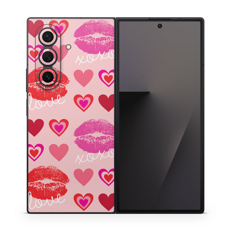 Samsung Galaxy Z Fold7 Skin design of Organ, Pink, Red, Font, Material property, Magenta, Heart, Pattern, Happy, Love, with pink, red, white colors
