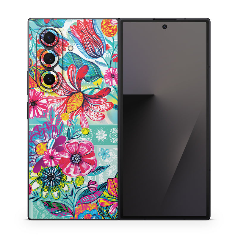 Samsung Galaxy Z Fold7 Skin design of Pattern, Floral design, Textile, Pink, Design, Flower, Visual arts, Wildflower, Plant, with blue, pink, purple, red, green, yellow, orange colors