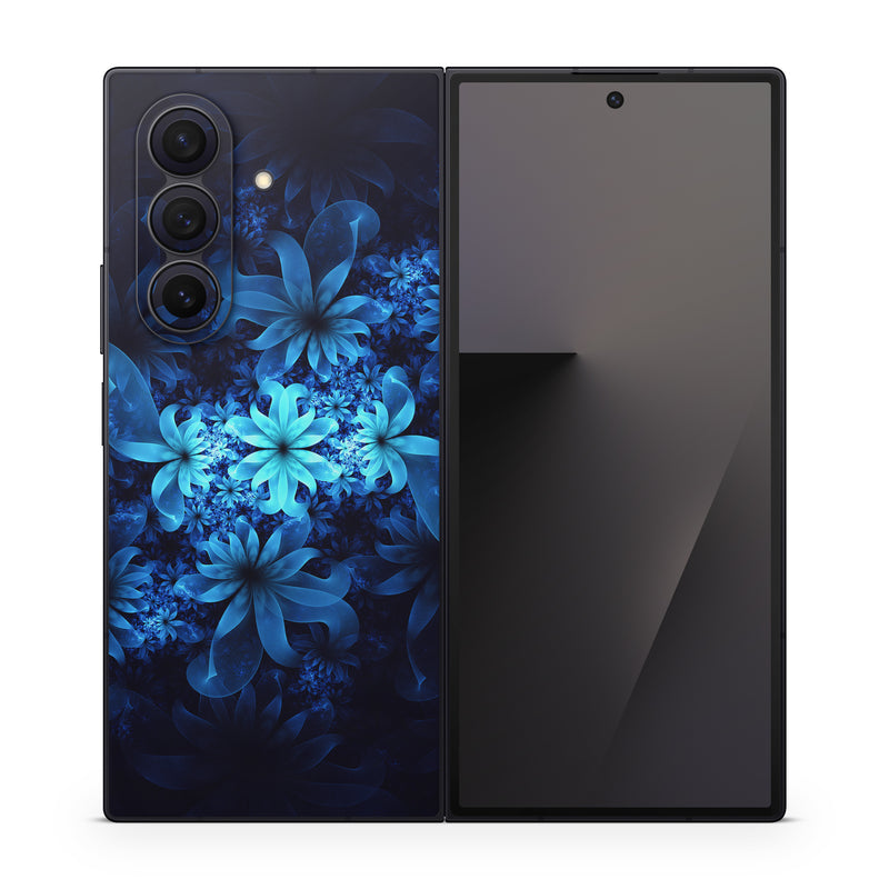 Samsung Galaxy Z Fold7 Skin design of Nature, Blue, Petal, Organism, Darkness, Flower, Colorfulness, Electric Blue, Majorelle Blue, Pattern, Botany, Still Life Photography, Space, Aquatic Plant, Fractal Art, Visual Arts, Illustration, Symmetry, Midnight, Wildflower, Painting, Still Life, with black, blue, white colors