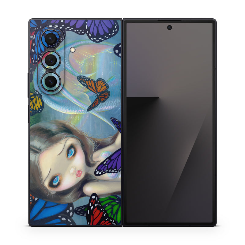 Samsung Galaxy Z Fold7 Skin design of Butterfly, Insect, Monarch butterfly, Moths and butterflies, Cynthia (subgenus), Invertebrate, Pollinator, Brush-footed butterfly, Organism, Art, with gray, black, blue, red, pink colors