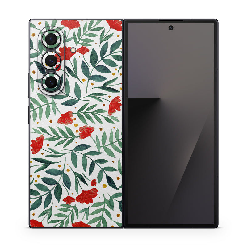 Samsung Galaxy Z Fold7 Skin design of Flower, Plant, Textile, Line, Petal, Pattern, Flowering plant, Pedicel, Creative arts, Rectangle, with red, green, orange, white colors