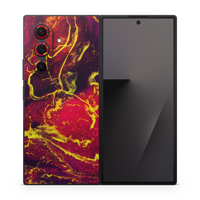 Samsung Galaxy Z Fold7 Skin design of Red, Purple, Geological phenomenon, Pattern, Fractal art, Art, Fictional character, Graphics, with red, yellow, black colors