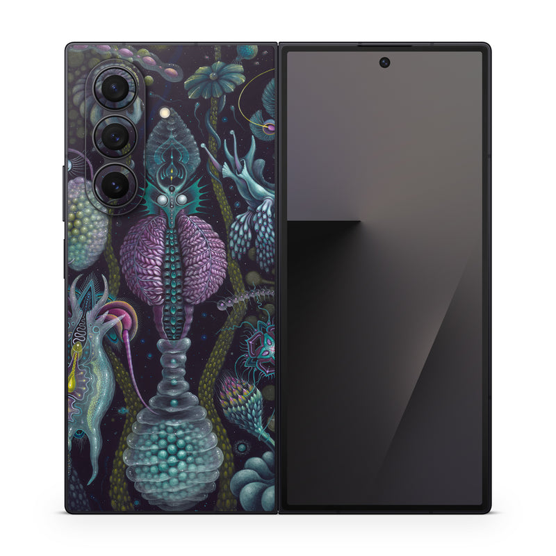 Samsung Galaxy Z Fold7 Skin design of Organism, Pattern, Art, Illustration, Fractal art, Psychedelic art, Design, Visual arts, Plant, Modern art, with black, green, purple, pink, yellow, blue colors