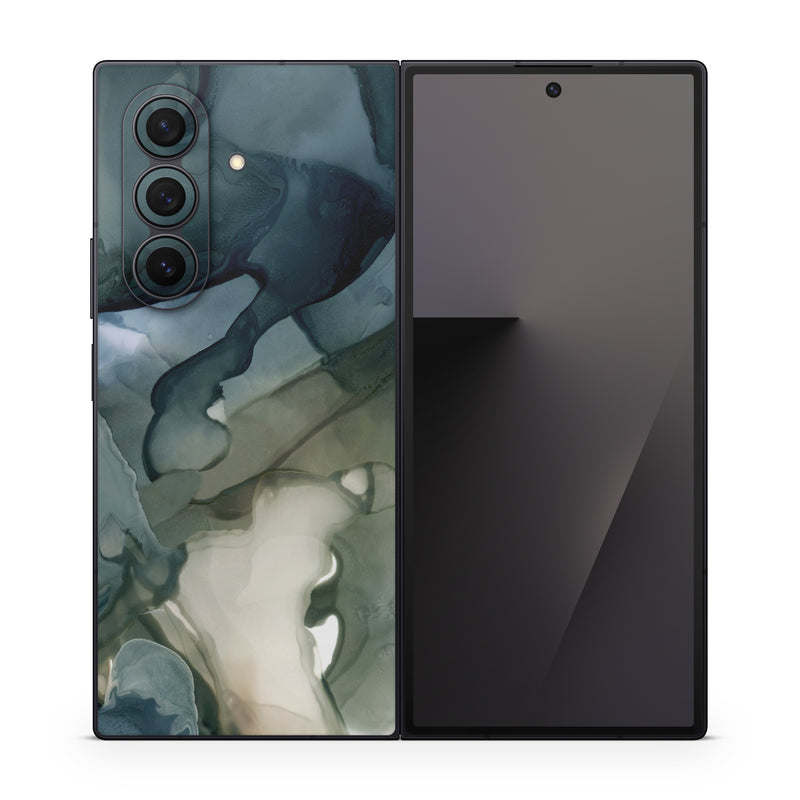 Samsung Galaxy Z Fold7 Skin design of Azure, Petal, Organism, Grey, Art, Pattern, Beauty, Painting, Close-up, Tree, with black, blue, green, white colors