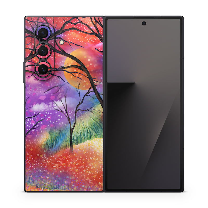 Samsung Galaxy Z Fold7 Skin design of Nature, Tree, Natural landscape, Painting, Watercolor paint, Branch, Acrylic paint, Purple, Modern art, Leaf, with red, purple, black, gray, green, blue colors