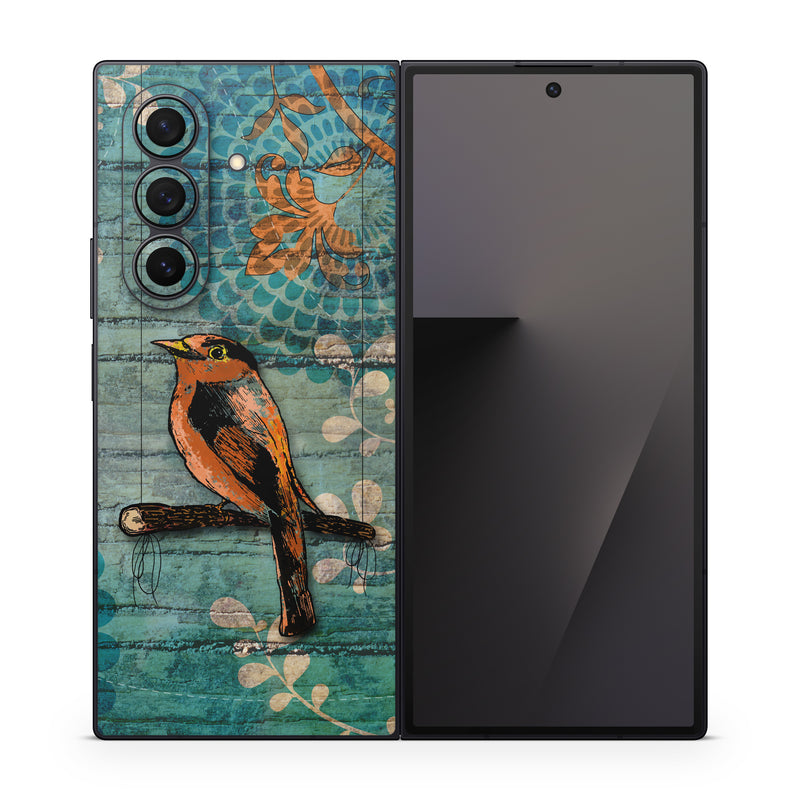 Samsung Galaxy Z Fold7 Skin design of Bird, Turquoise, Painting, Art, Coraciiformes, Branch, Beak, Wildlife, Perching bird, Illustration, with black, blue, gray, green, red colors