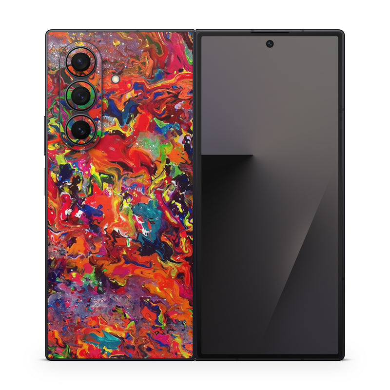 Samsung Galaxy Z Fold7 Skin design of Colorfulness, Modern art, Acrylic paint, Painting, Visual arts, Art, Psychedelic art, Textile, Pattern, Paint, with red, yellow, green, orange, yellow colors
