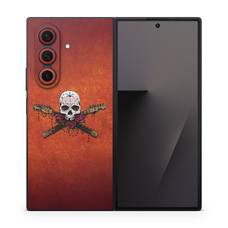 Samsung Galaxy Z Fold7 Skin design of Sleeve, Orange, Skull, Font, Bone, Art, T-shirt, Symbol, Circle, Emblem, with black, white, gray, brown, red, green colors