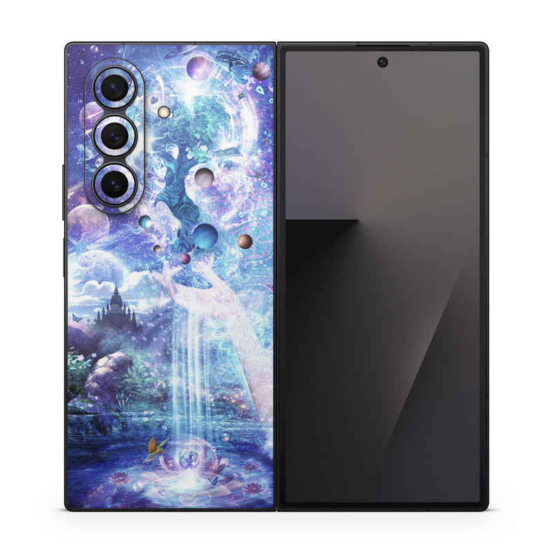 Samsung Galaxy Z Fold7 Skin design of Bird, Butterfly, Planets, Deer, Space, Purple, World, Astronomical Object, Cg Artwork, Illustration, Universe, Painting, Fictional Character, Outer Space, Astronomy, Science, Water Feature, Graphic Design, Graphics, Star, Mythology, with blue, purple, white, black, gray, green colors