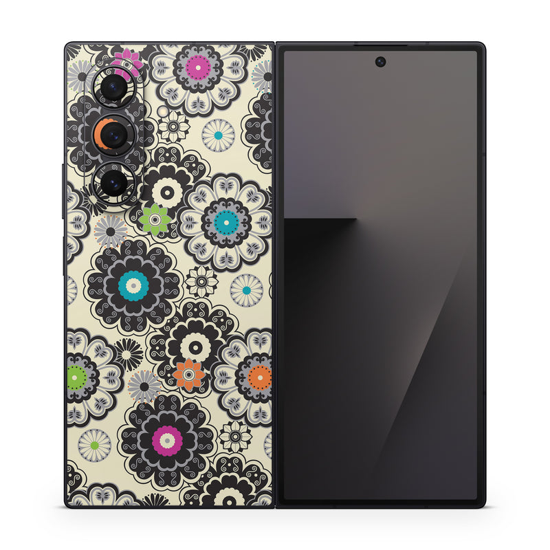 Samsung Galaxy Z Fold7 Skin design of Pattern, Circle, Design, Visual arts, Floral design, Textile, Psychedelic art, Art, Plant, with gray, black, pink, green, purple colors