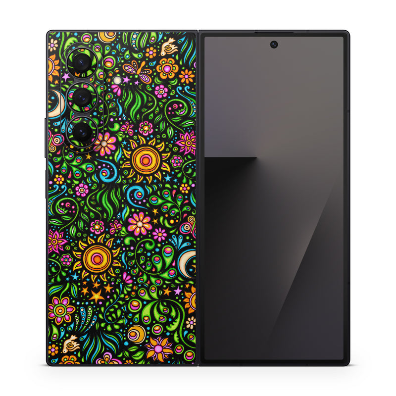 Samsung Galaxy Z Fold7 Skin design of Pattern, Psychedelic art, Visual arts, Art, Design, Motif, Organism, Circle, Textile, Plant, with black, red, green, blue, purple colors