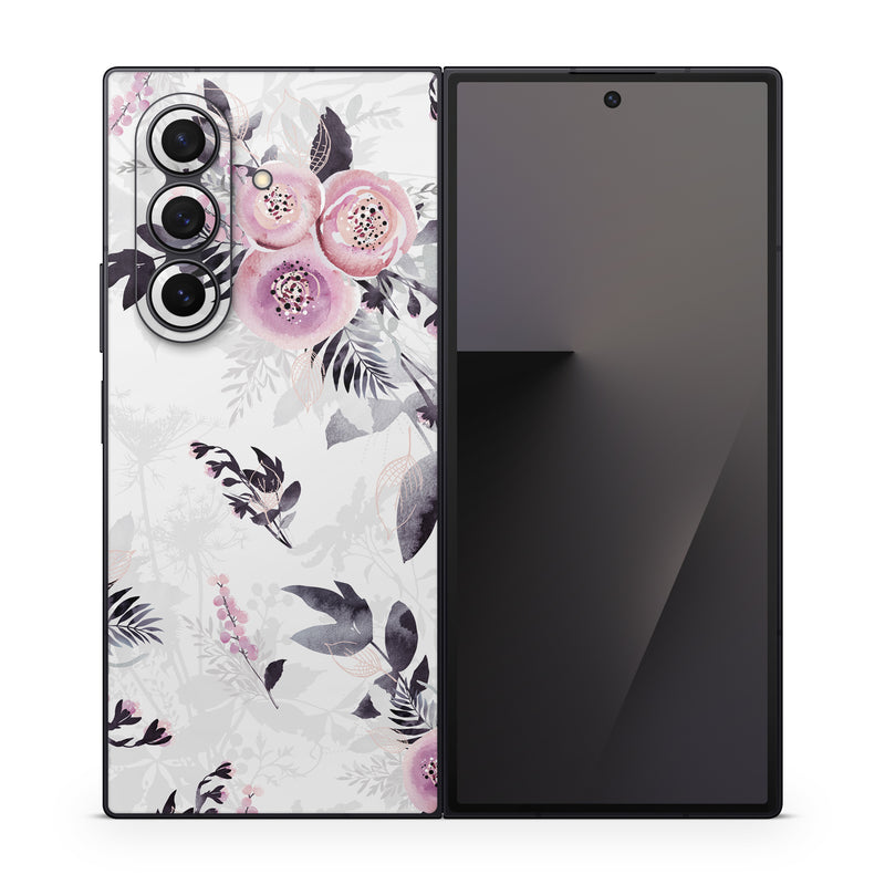 Samsung Galaxy Z Fold7 Skin design of Pink, Pattern, Design, Floral design, Textile, Plant, Flower, Magenta, Petal, Wallpaper, with white, purple, pink, black, gray colors